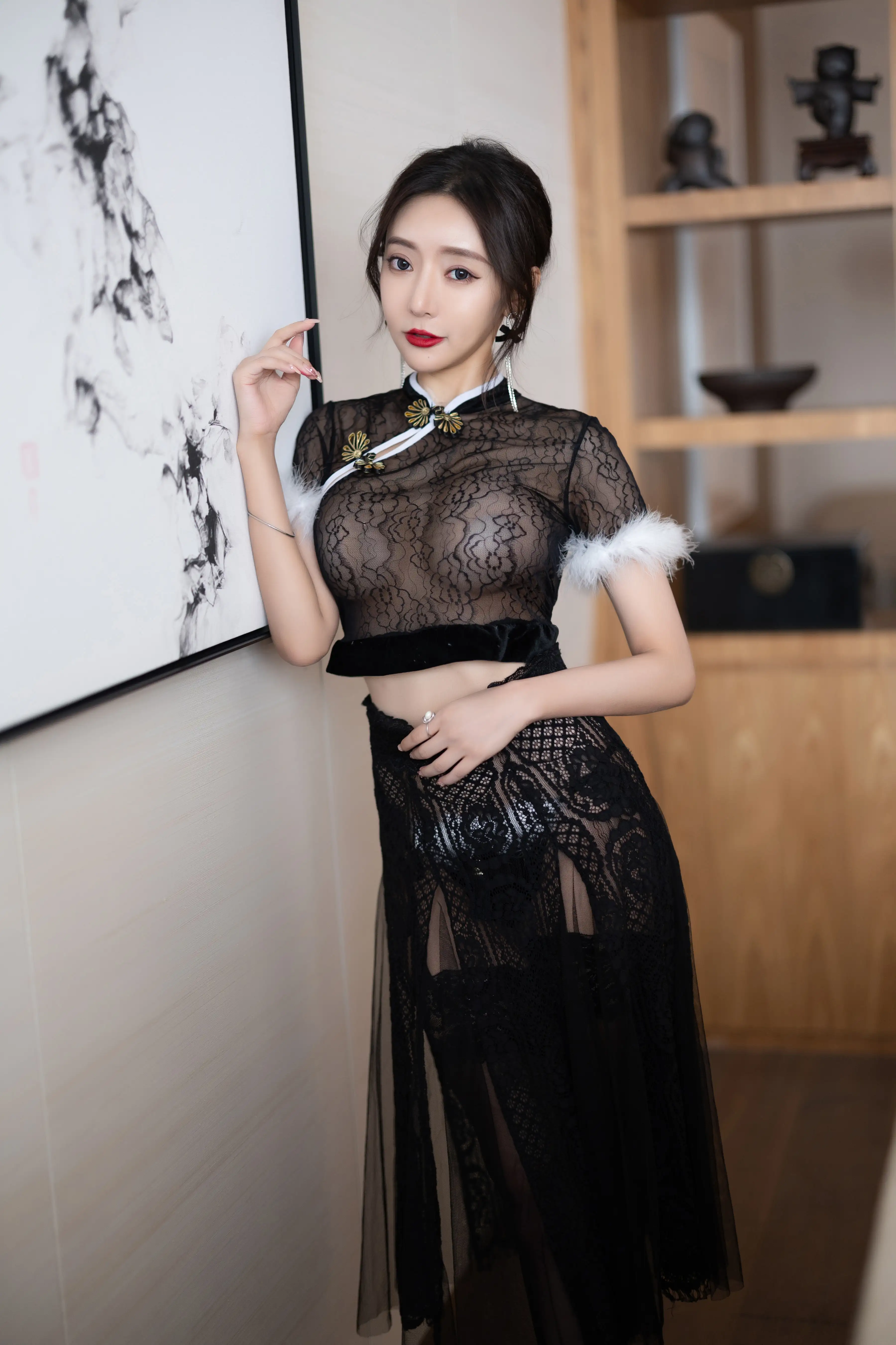 王馨瑶_NO.037_内购无水印_VOL.926_黑色网纱毛毛旗袍_ - M940.COM 内部私购-第1张